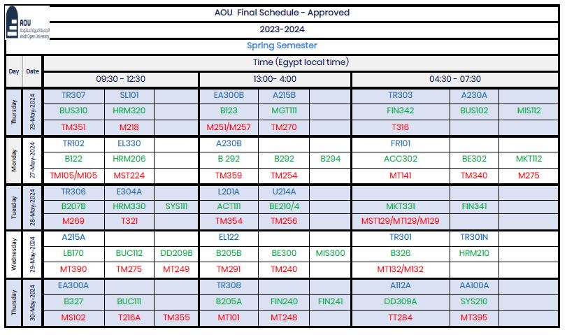 Endicott Final Exam Schedule Fall 2023 www.aou.edu.eg